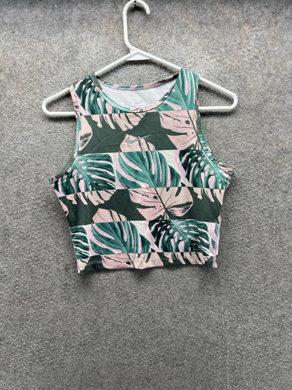 Nike Tank Top Womens Small Green Dri-FIT Cropped Tropical Print Running Athletic